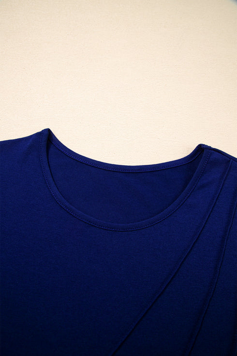 Navy Blue Asymmetric Seam Detail Solid Color Long Sleeve Top