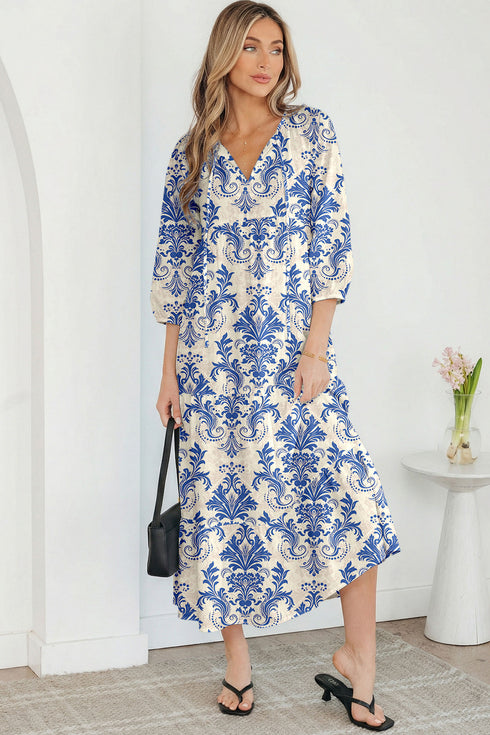 Sky Blue Boho Printed Half Sleeve Maxi Dress