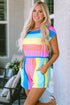 Multicolor Striped Print High Waist Short Sleeve Romper with Pockets