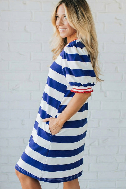 Blue Stripe Contrast Trim Round Neck Short Puff Sleeve Shift Dress