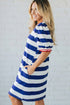 Blue Stripe Contrast Trim Round Neck Short Puff Sleeve Shift Dress