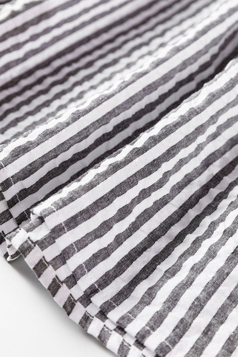 Dark Grey Striped Print Contrast Patchwork Detail Split Neck Blouse