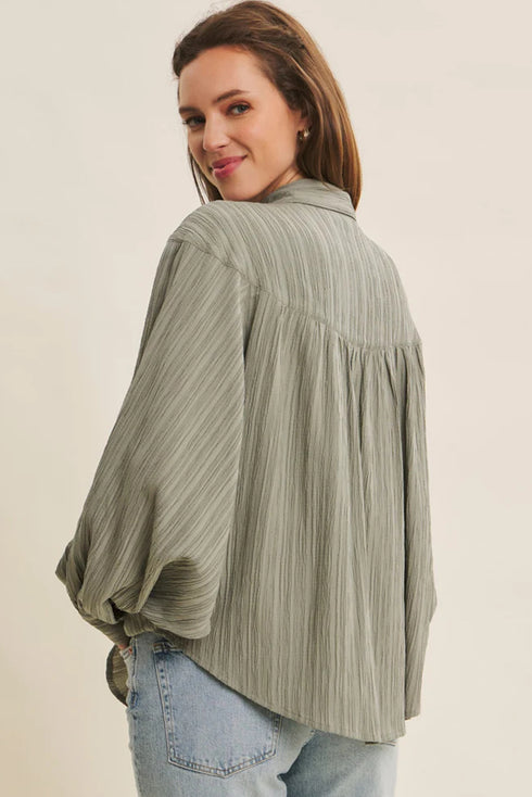 Smoke Green Crinkled Texture Lantern Sleeve Button Down Loose Shirt