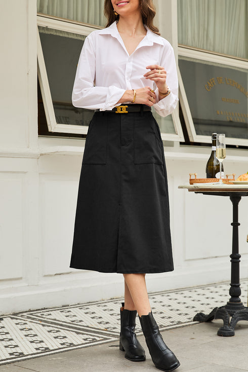 Black Front Slit Shift High Waist Midi Skirt