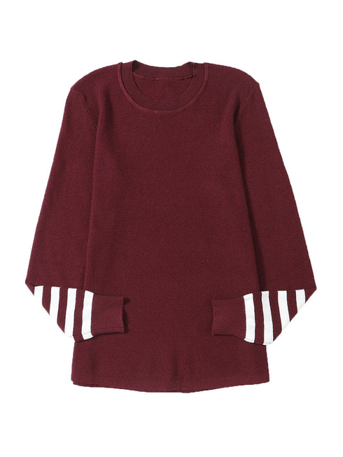 red-striped-sleeve-plain-knit-sweater