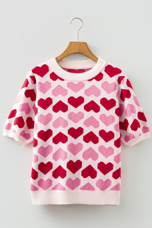 Sachet Pink 2-tone Heart Print Valentine Crew Neck Short Sleeve Sweater