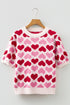 Sachet Pink 2-tone Heart Print Valentine Crew Neck Short Sleeve Sweater