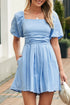 Sky Blue Brown Square Neck Ruched Puff Sleeve Romper