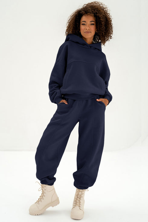 Navy Blue Solid Exposed Seams Hoodie and Joggers Activewear Set
