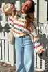 Beige Stripe Playful Knit Drop Shoulder Puff Sleeve Sweater