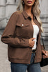 Coffee Solid Color Zip Up Button Flap Pocket Shirt Collar Jackets
