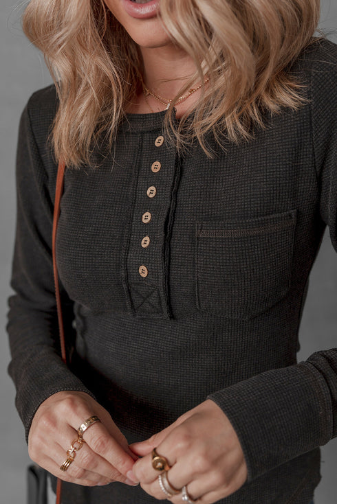 Black Mineral Wash Waffle Knit Single Chest Pocket Long Sleeve Henley Top