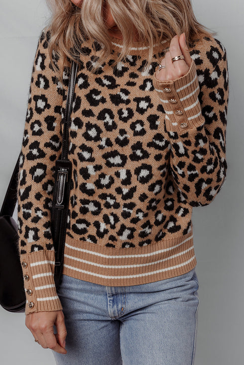 Brown Leopard Print Buttoned Sleeve Contrast Striped Edge Sweater