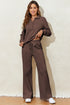 Dark Brown Solid Collared Sweatshirt and High Waist Pants Active Set
