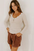 Beige Lace Neckline Button Decor Lettuce Edge Long Sleeve Ribbed Top