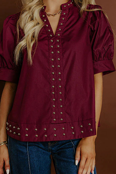 Burgundy Rivet Embellished V Neck Short Puff Sleeve Blouse