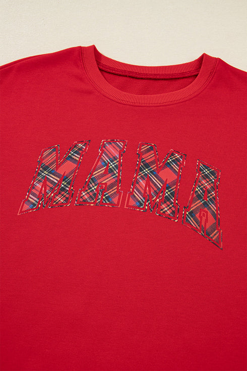 Red Plaid Mama Graphic Christmas Holiday Crewneck Pullover and Pants Two Piece Lounge Set