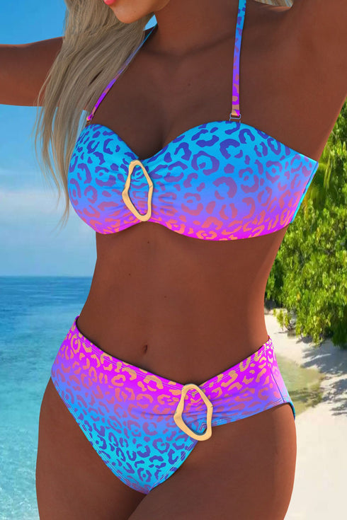 Sky Blue Ombre Leopard Print 2pcs Halter Bikini Swimsuit