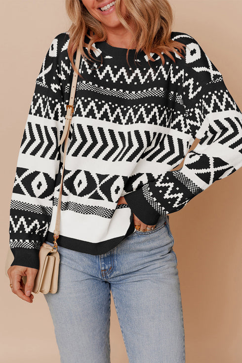 Black Abstract Print Pullover Sweater
