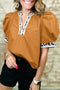 Buckskin Contrast Leopard Trim Split Neck Puff Sleeve Blouse