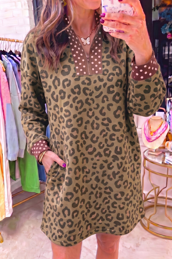 Elegant Brown Leopard Polka Dot Patchwork Mini Dress for Women – Stylish Zip Neck, Long Sleeve, Perfect for Any Occasion