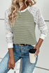 Green Stripe Textured Knit Contrast Hollowed Lace Patchwork Long Sleeve Top