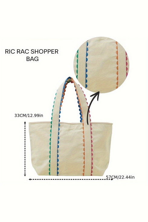 White Colorful Ricrac Detail Canvas Tote Bag