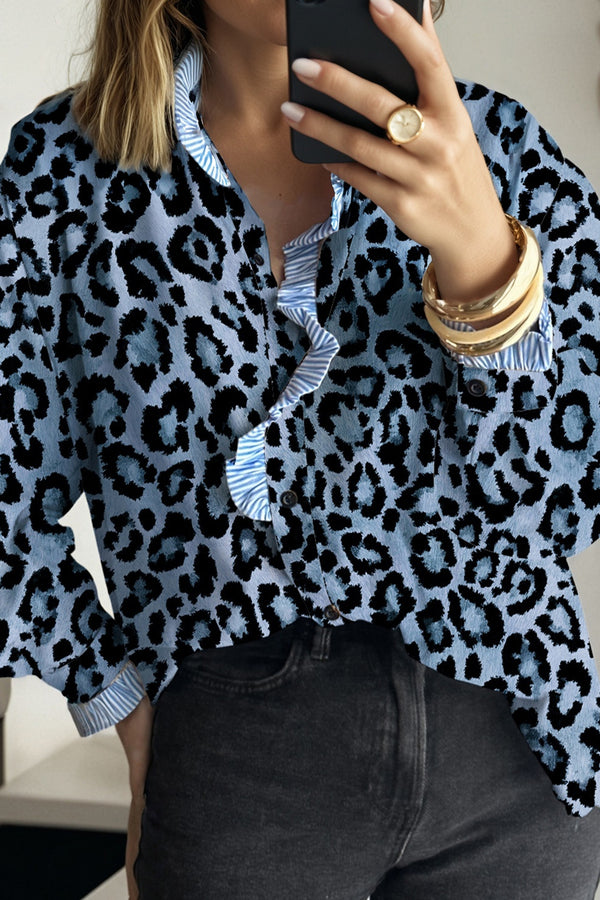 Blue Wild Leopard Print Contrast Striped Frilled Trim Chic Shirt