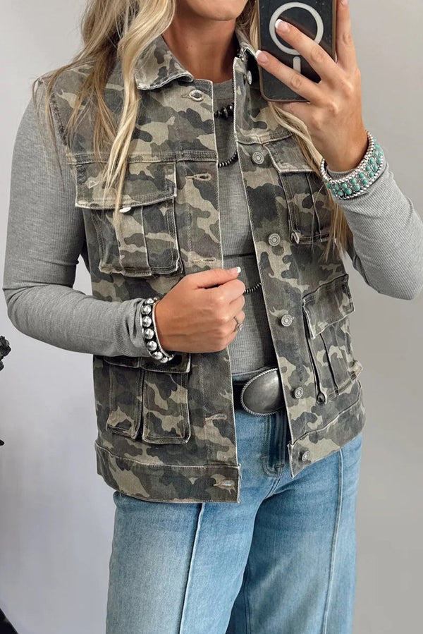 Green Camouflage Print Button Cargo Pocket Button Down Denim Vest