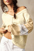Yellow Cream Exposed Seam Color Block Lace Patchwork Long Sleeve V Neck Loose Top