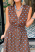 Brown Polka Dot Print Contrast Trim V Neck Zip Up Sleeveless Dress