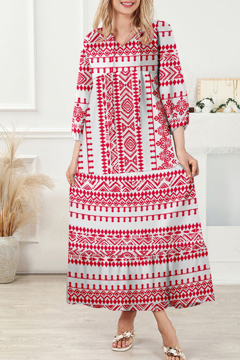 Red Boho Printed Half Sleeve Maxi Dress