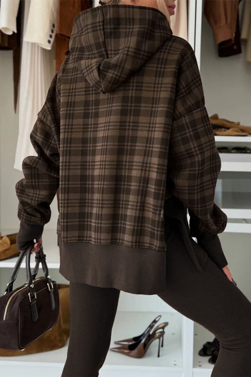 Chicory Coffee Plaid Patchwork Side Slit Hoodie