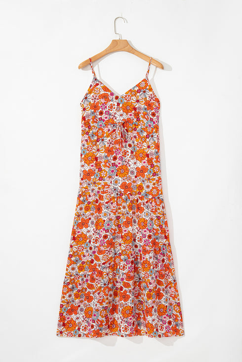 Orange Boho Fashion Print Spaghetti Straps Drawstring Maxi Dress