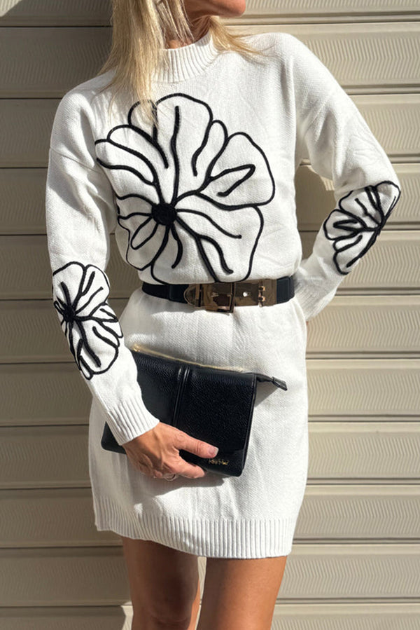 White Floral Embroidered Mock Neck Mini Sweater Dress
