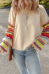 Beige Round Neck Colorful Knit Sleeve Patchwork Top