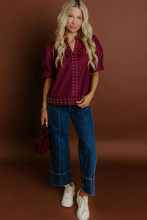 Burgundy Rivet Embellished V Neck Short Puff Sleeve Blouse