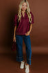 Burgundy Rivet Embellished V Neck Short Puff Sleeve Blouse