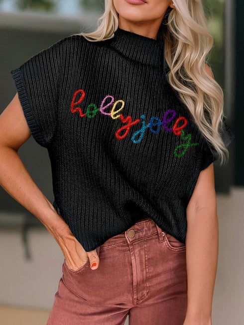 black-high-neck-christmas-holly-jolly-short-sleeve-sweater