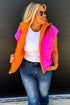 Bright Pink Color Block Liner Patchwork Snap Button Zip Up Winter Vest