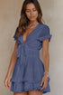 Blue Deep V Neck Self-tie Knotted Front Layered Flare Mini Dress