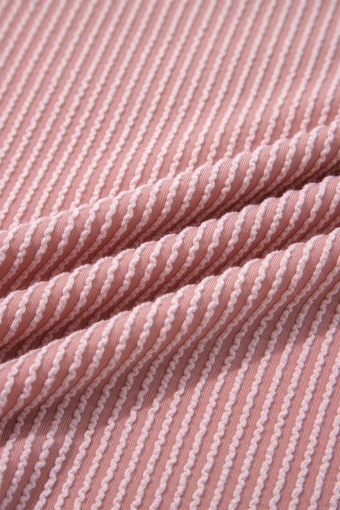 Fushia Plus Size Contrast Frilled Neckline Ruffled Short Sleeve Ribbed Textured Blouse