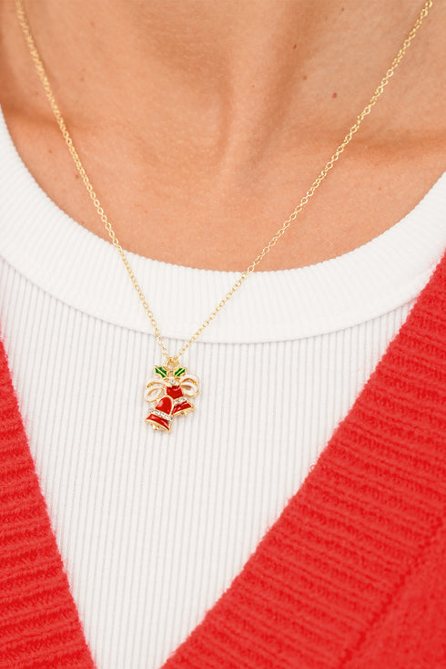 Gold Plated Chain Holly Rhinestone Jingle Bell Necklace