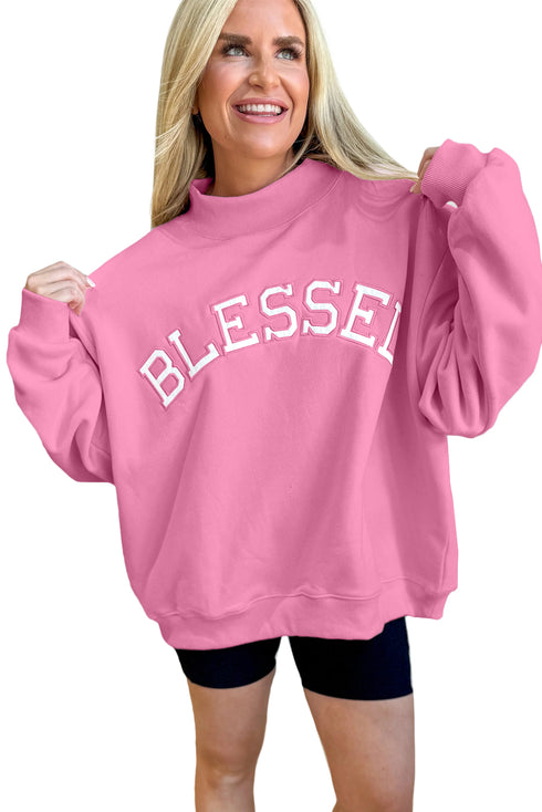 Bright Pink Oversize Blessed Embroidered Mock Neck Sweatshirt