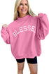 Bright Pink Oversize Blessed Embroidered Mock Neck Sweatshirt