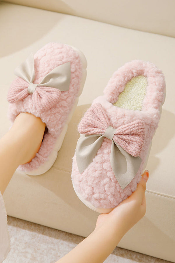 Pink Contrast Bowknot Applique Plush Winter Slippers (Bow Colors May Differ by Batch)