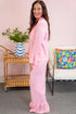 Pink Ribbed 2pcs Long Flounce Lapel Shirt Ruffle Hem Lounge Pant Set