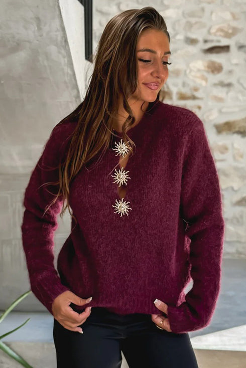 Red Dahlia Solar Button Neck Womens Casual Sweater