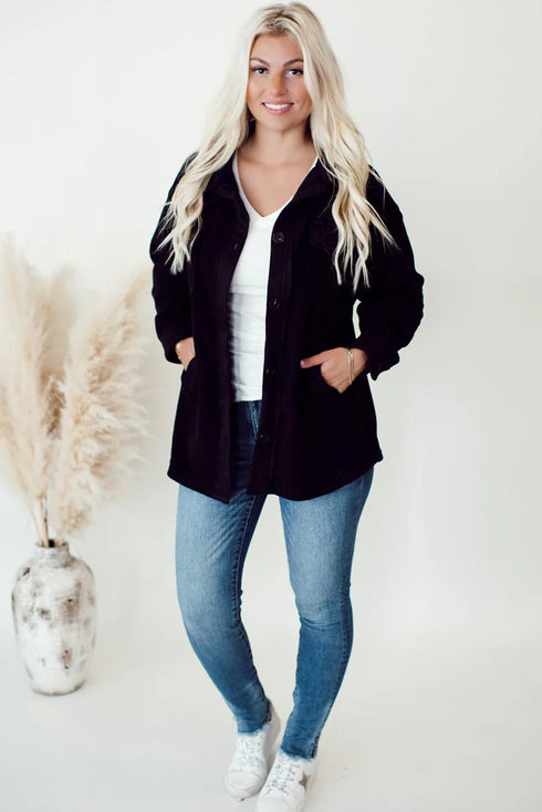 Black Solid Color Exposed Seam Patchwork Button Down Fleece Shacket