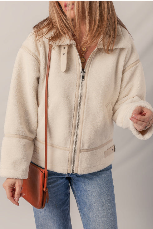 Beige Buckle Collar Detail Zip Up Fleece Jacket